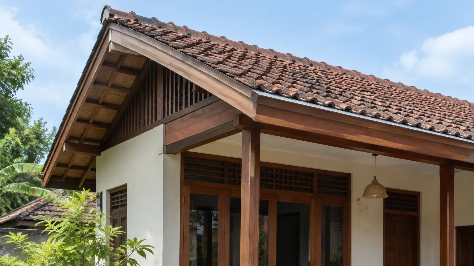 Rumah beratap genteng tanah liat dengan teras kayu