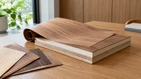Lapisan kayu tipis dan papan berlapis di atas meja
