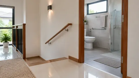 Pegangan tangan di lorong rumah dekat pintu kamar mandi