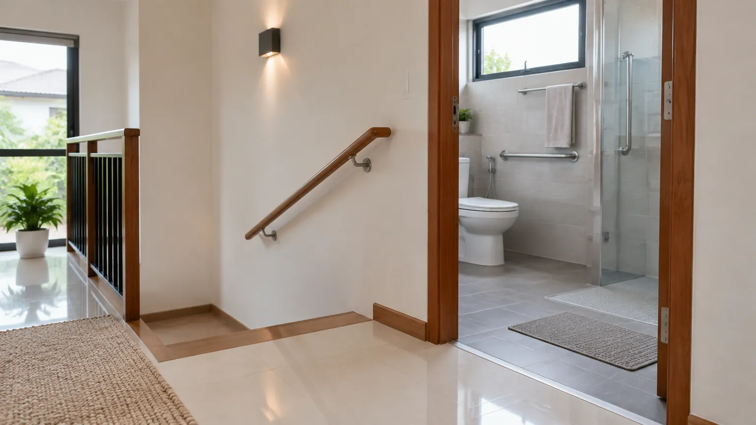 Pegangan tangan di lorong rumah dekat pintu kamar mandi