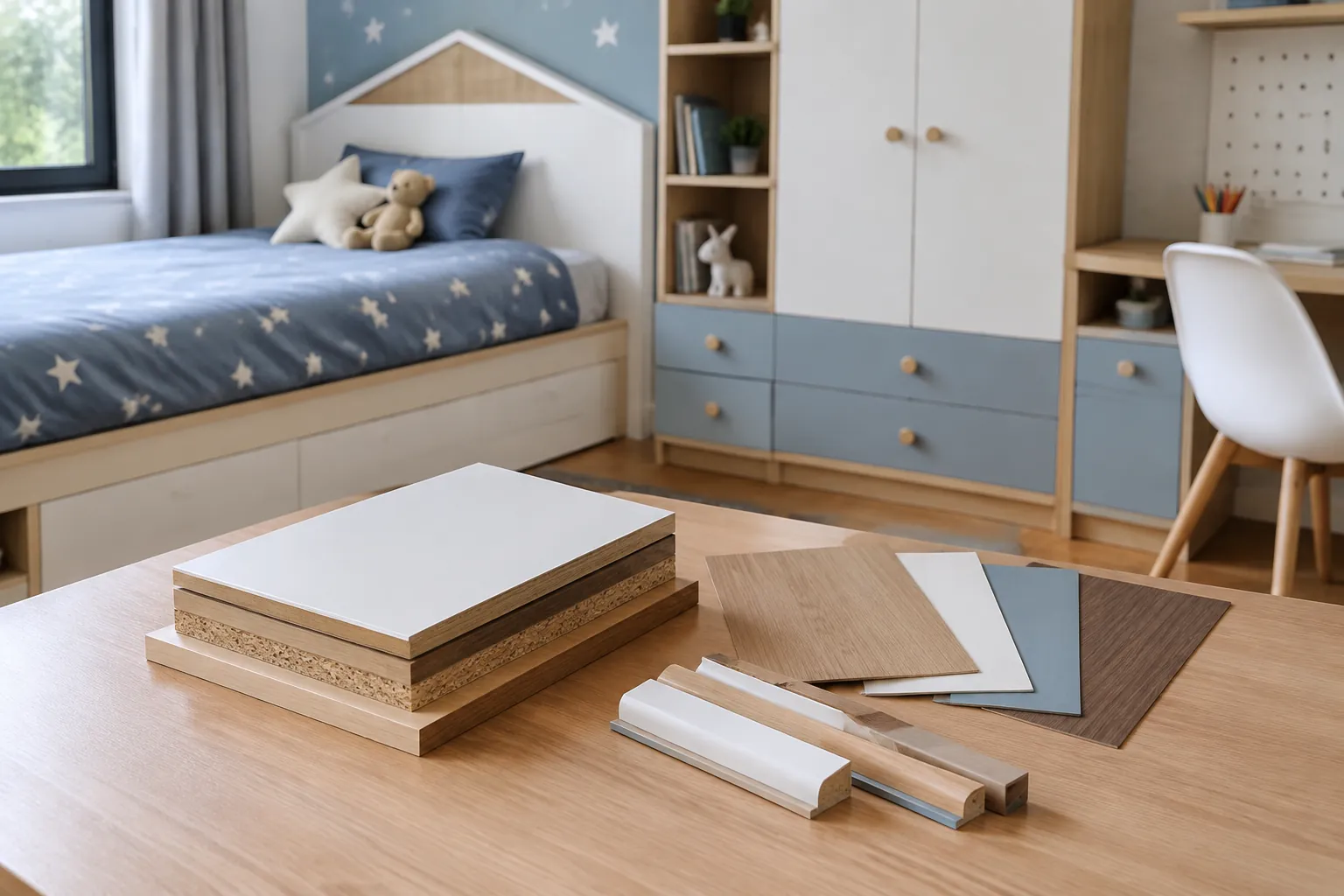 Contoh papan inti dan lapisan finishing furnitur disusun di lantai