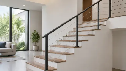 Railing logam gelap mengikuti tangga rumah