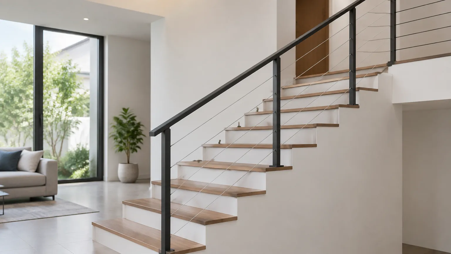 Railing logam gelap mengikuti tangga rumah