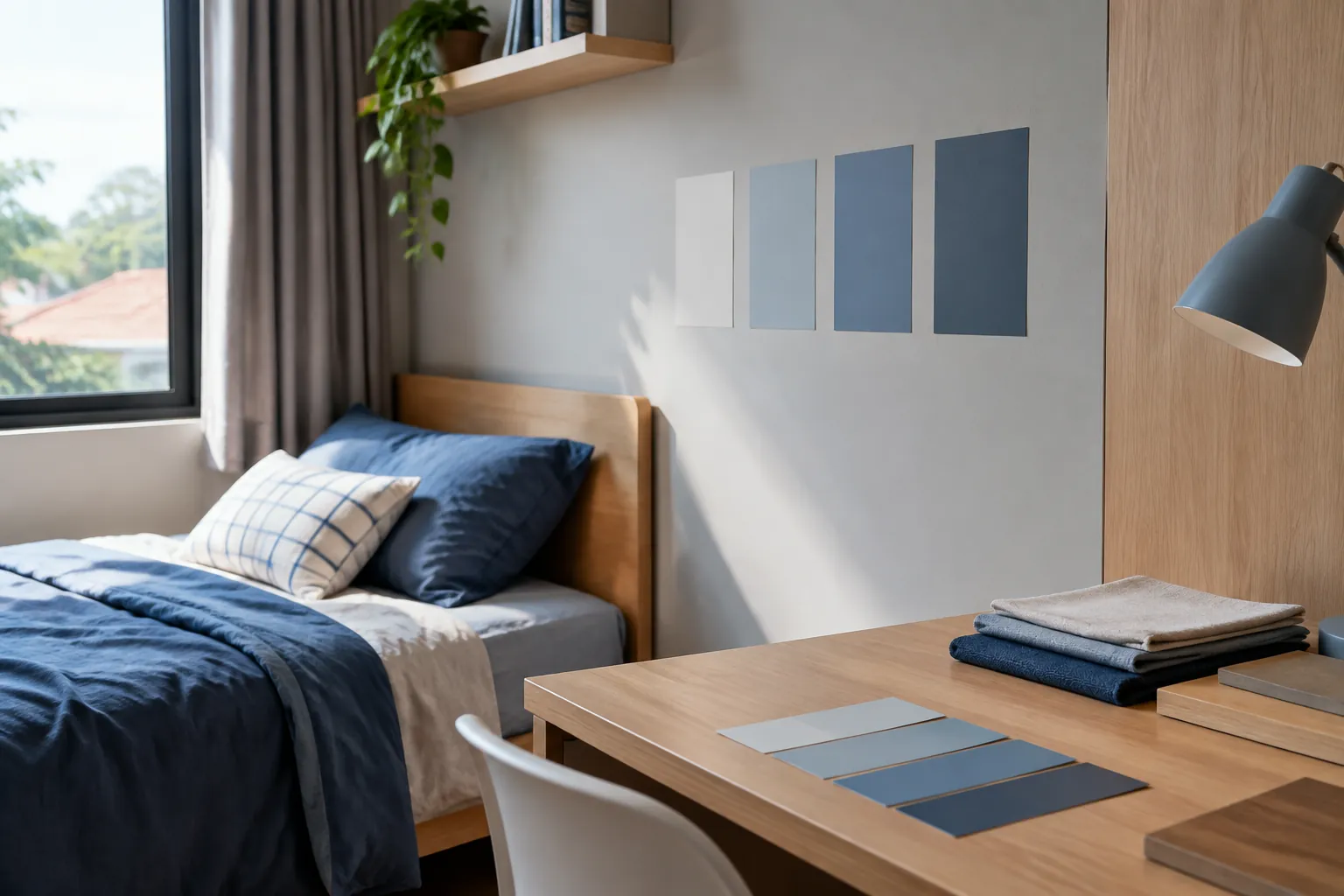 Bidang uji warna biru di dinding kamar remaja