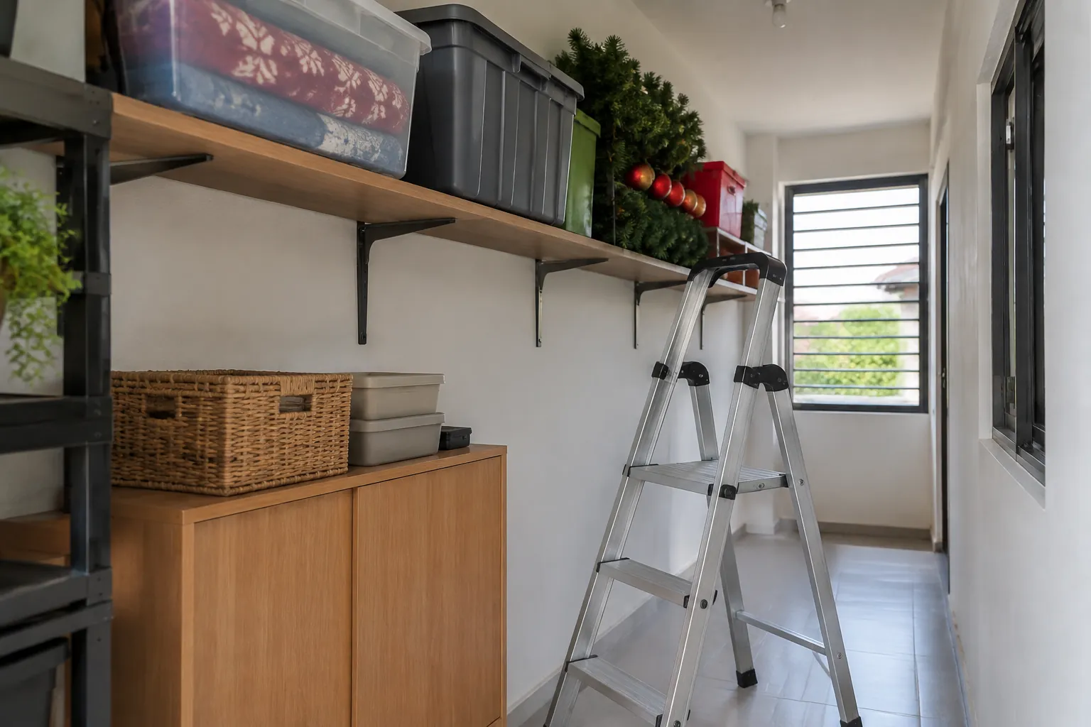 Tangga lipat di dekat rak tinggi pada lorong