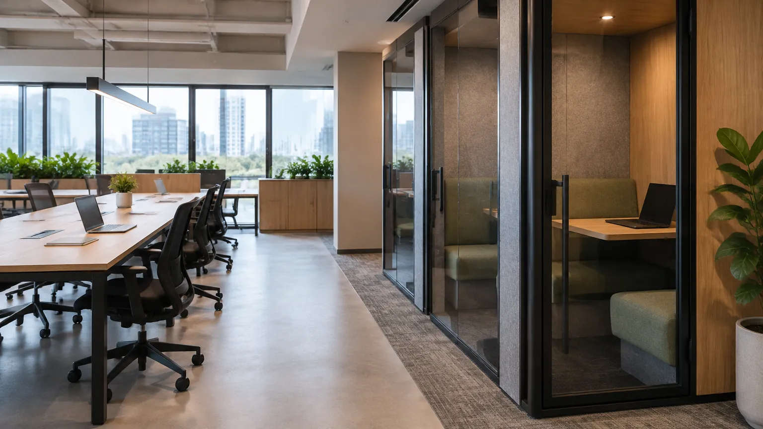 Area kerja terbuka dan bilik fokus tertutup di kantor