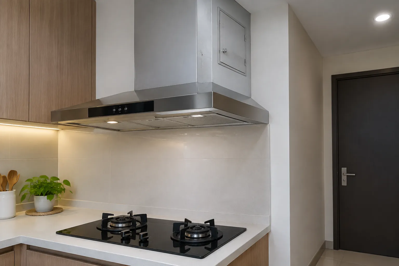 Cooker hood dengan panel akses dan lampu di atas kompor dapur.