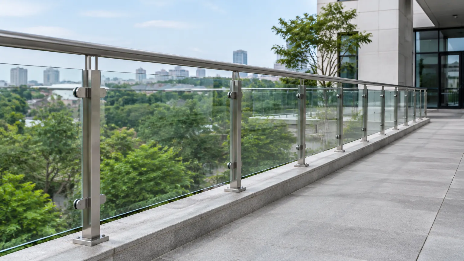 Balkon dengan pagar kaca dan tiang logam menghadap pepohonan