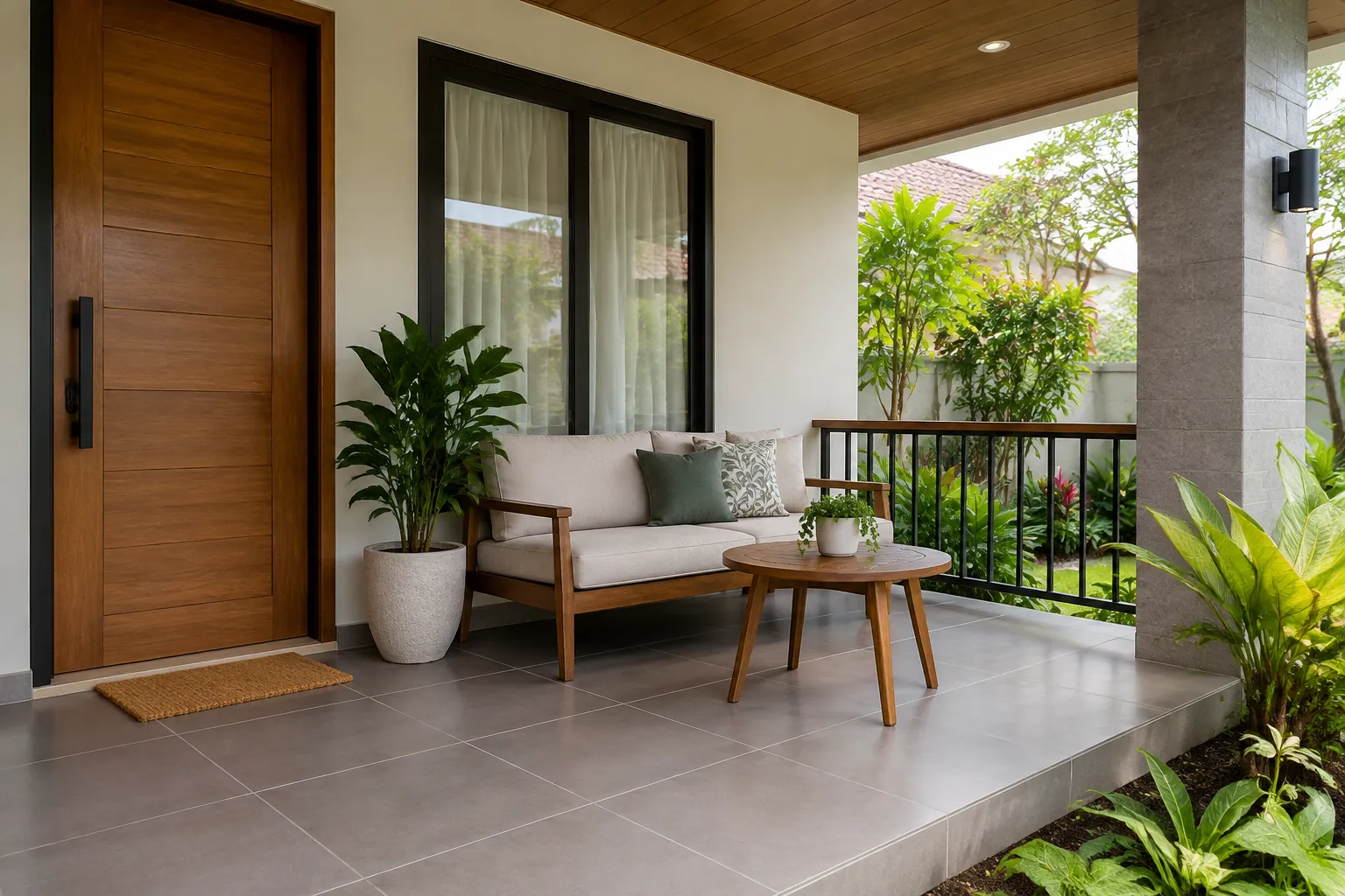 Sofa kecil dan meja di teras beratap dekat pintu rumah