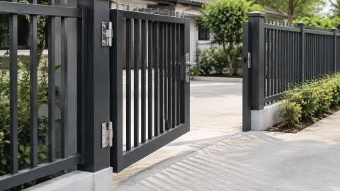 Gerbang pagar logam dengan perangkat engsel