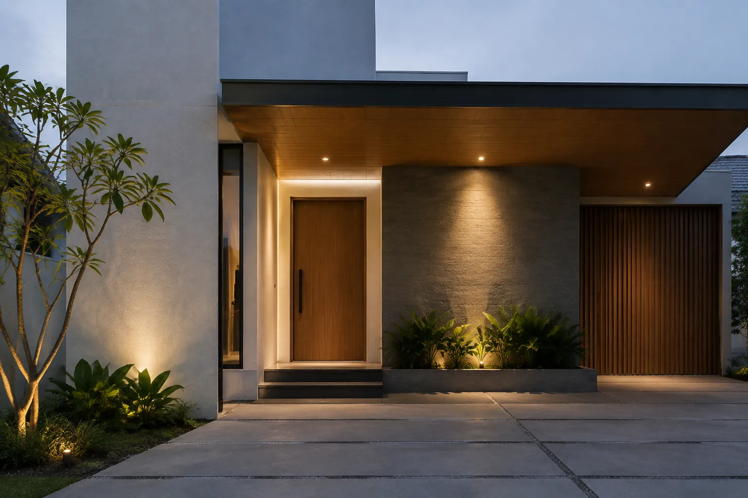 Fasad rumah saat senja dengan lampu di bawah kanopi