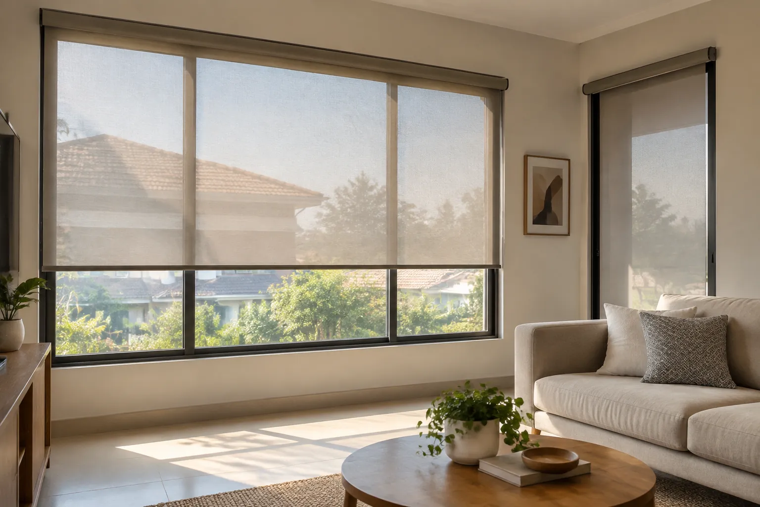 Roller blind dipasang pada dua jendela ruang keluarga