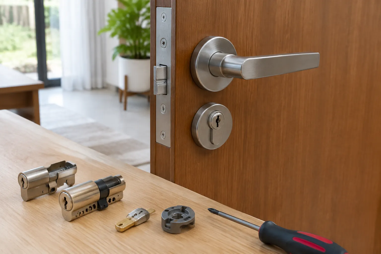 Gagang pintu dengan beberapa komponen kunci dan alat di dekatnya