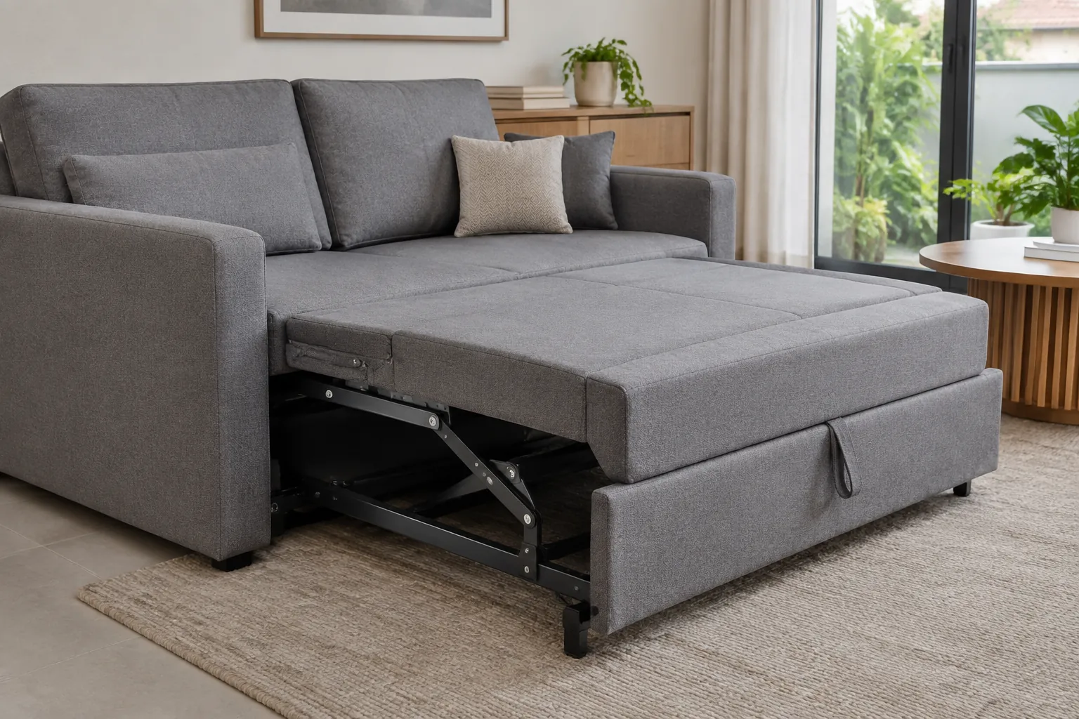Sofa abu-abu yang sedang berubah menjadi tempat tidur