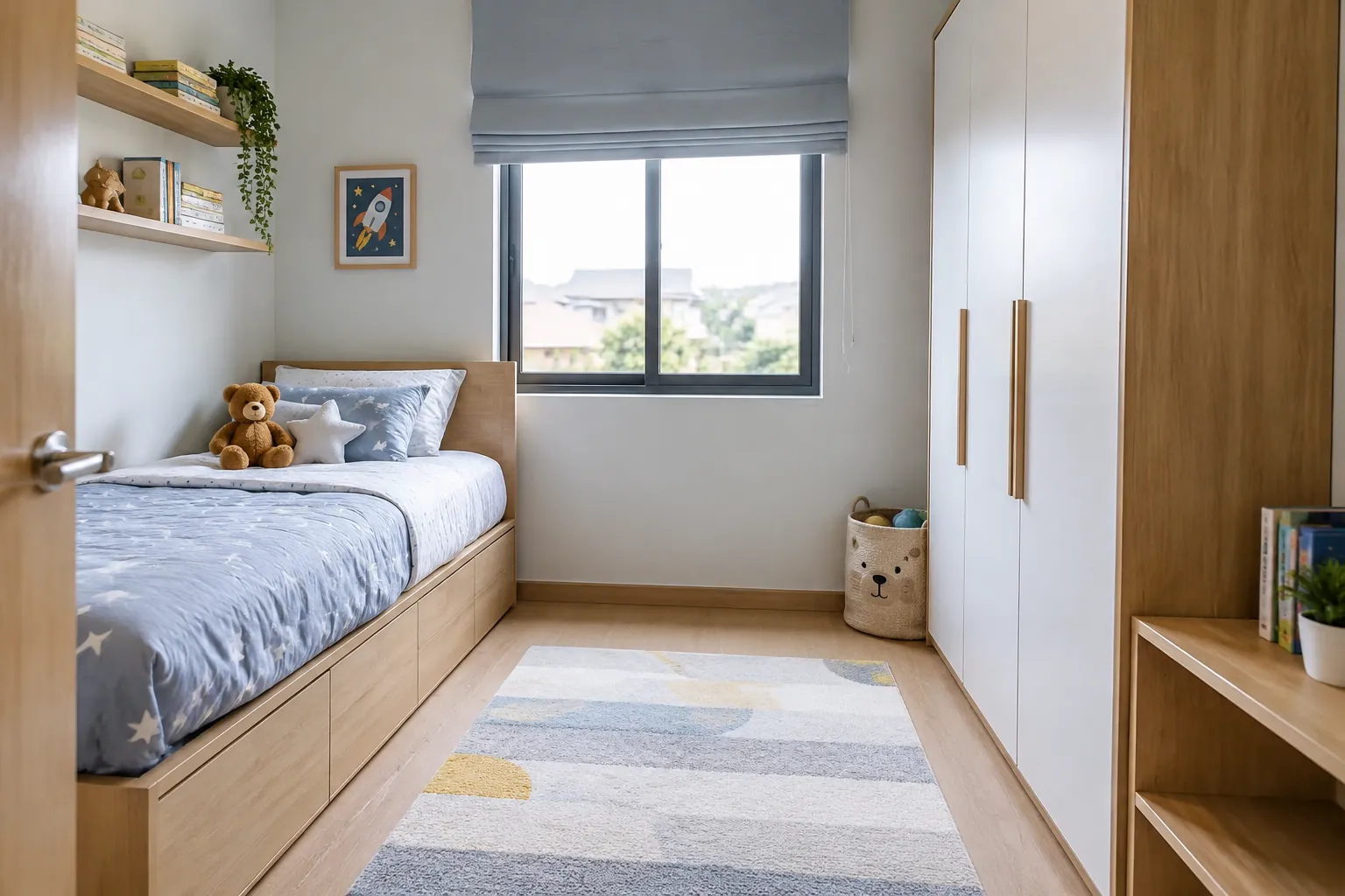 Kamar anak kecil dengan tempat tidur di sisi ruang dan jalur tengah terbuka