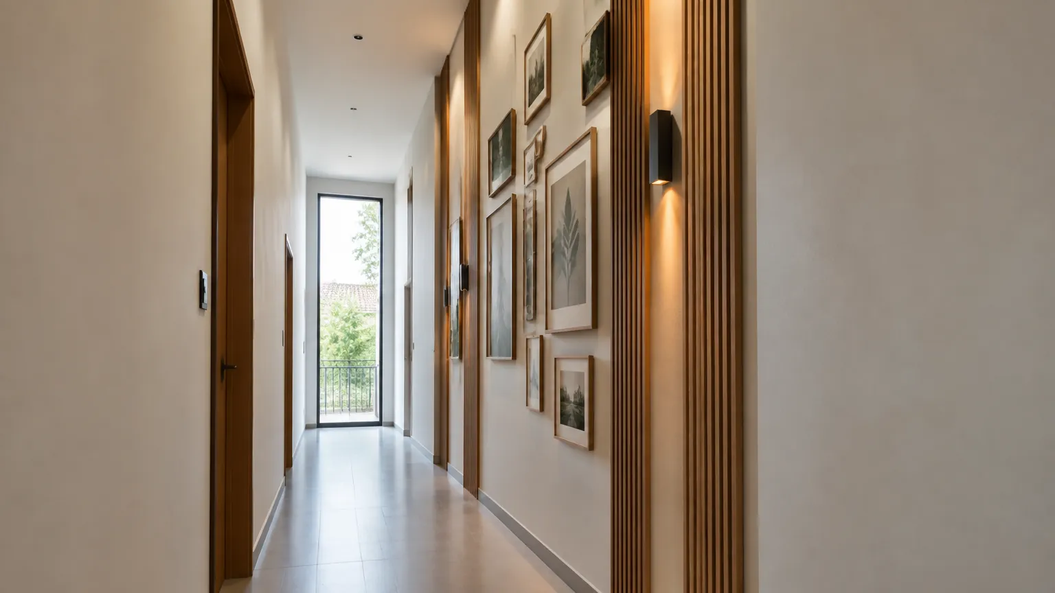 Lorong dengan bingkai gambar dan lampu dinding berjajar