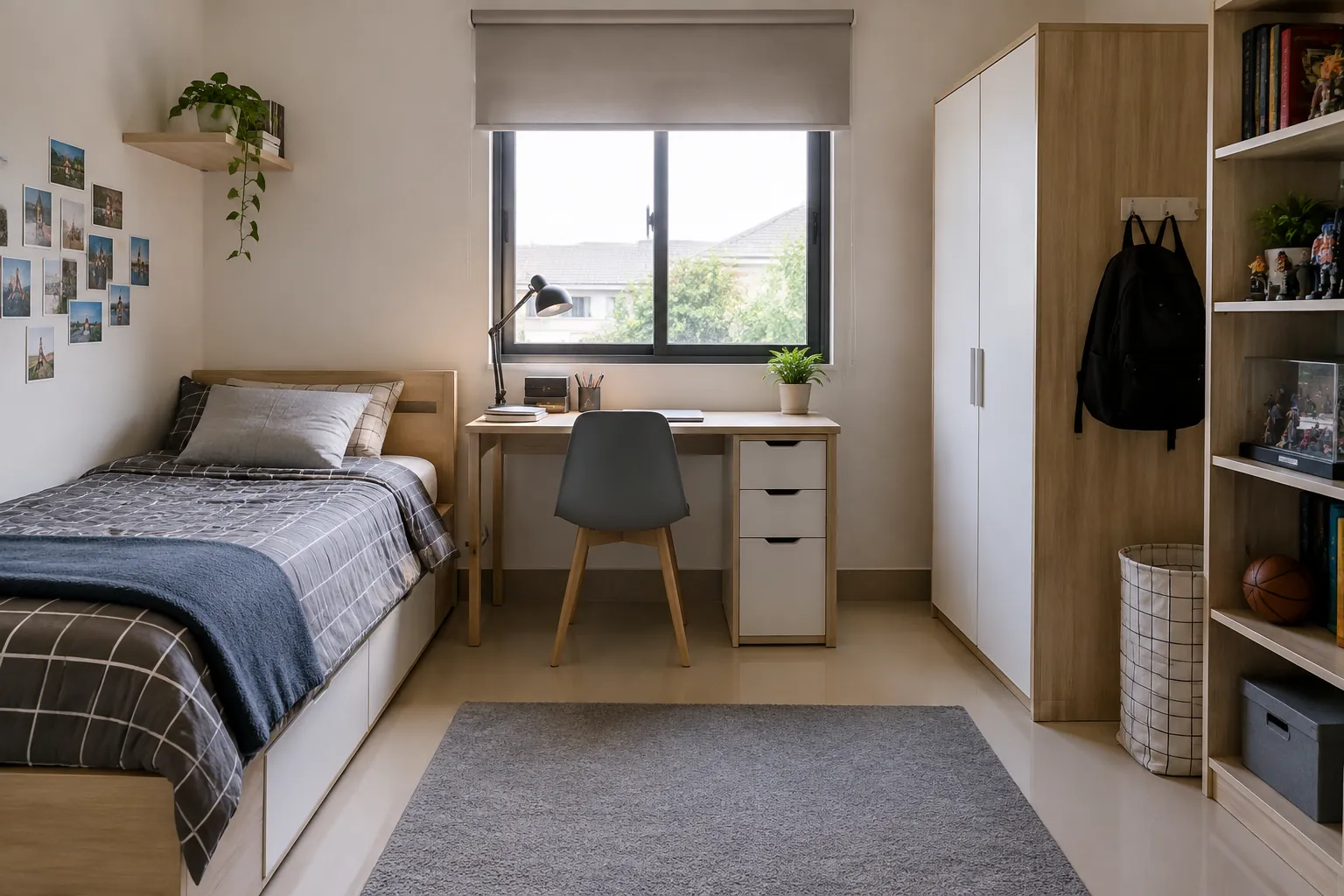 Tempat tidur dan meja belajar menempati zona berbeda dalam kamar