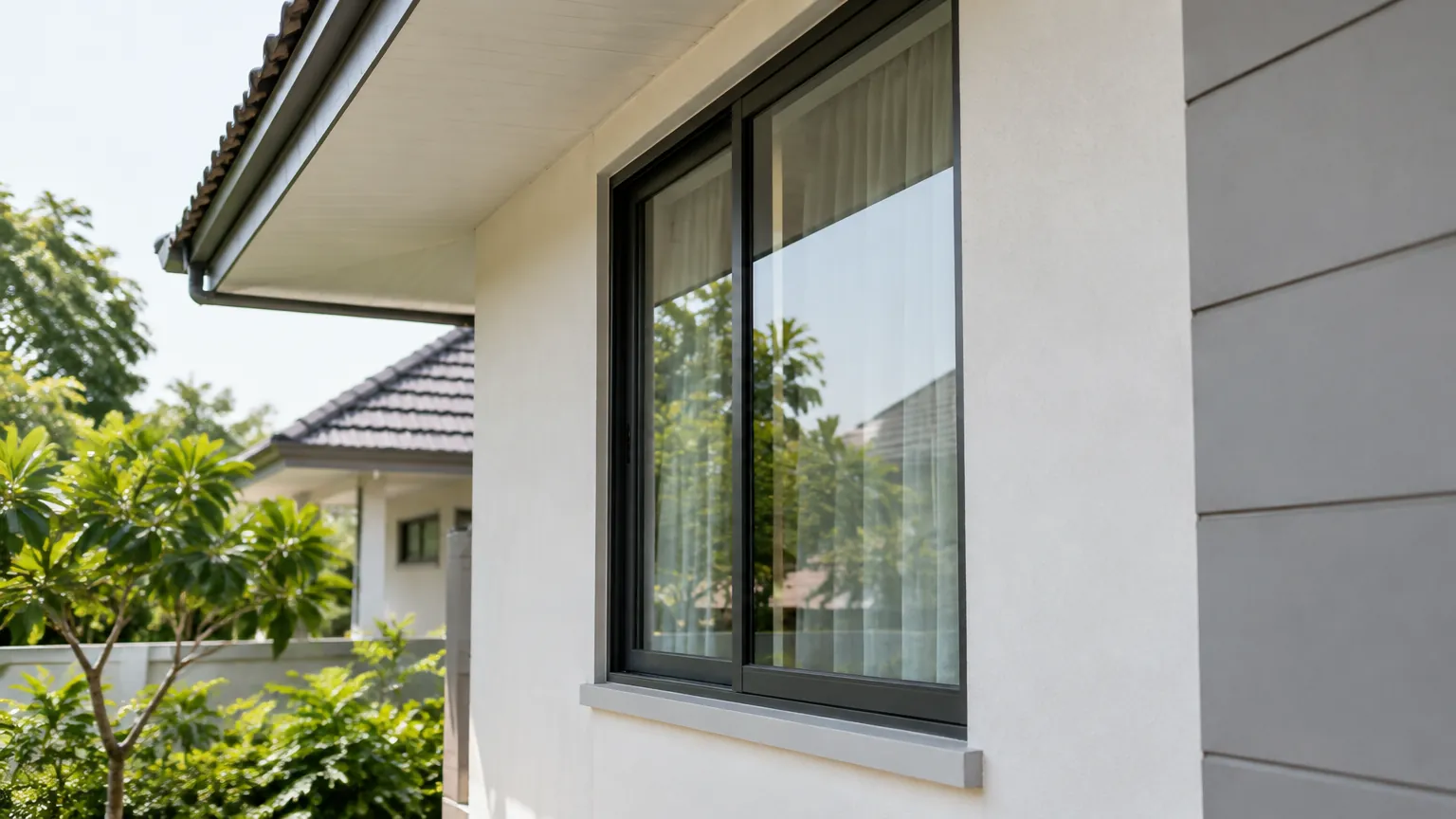 Dinding luar rumah berlapis panel dekat jendela