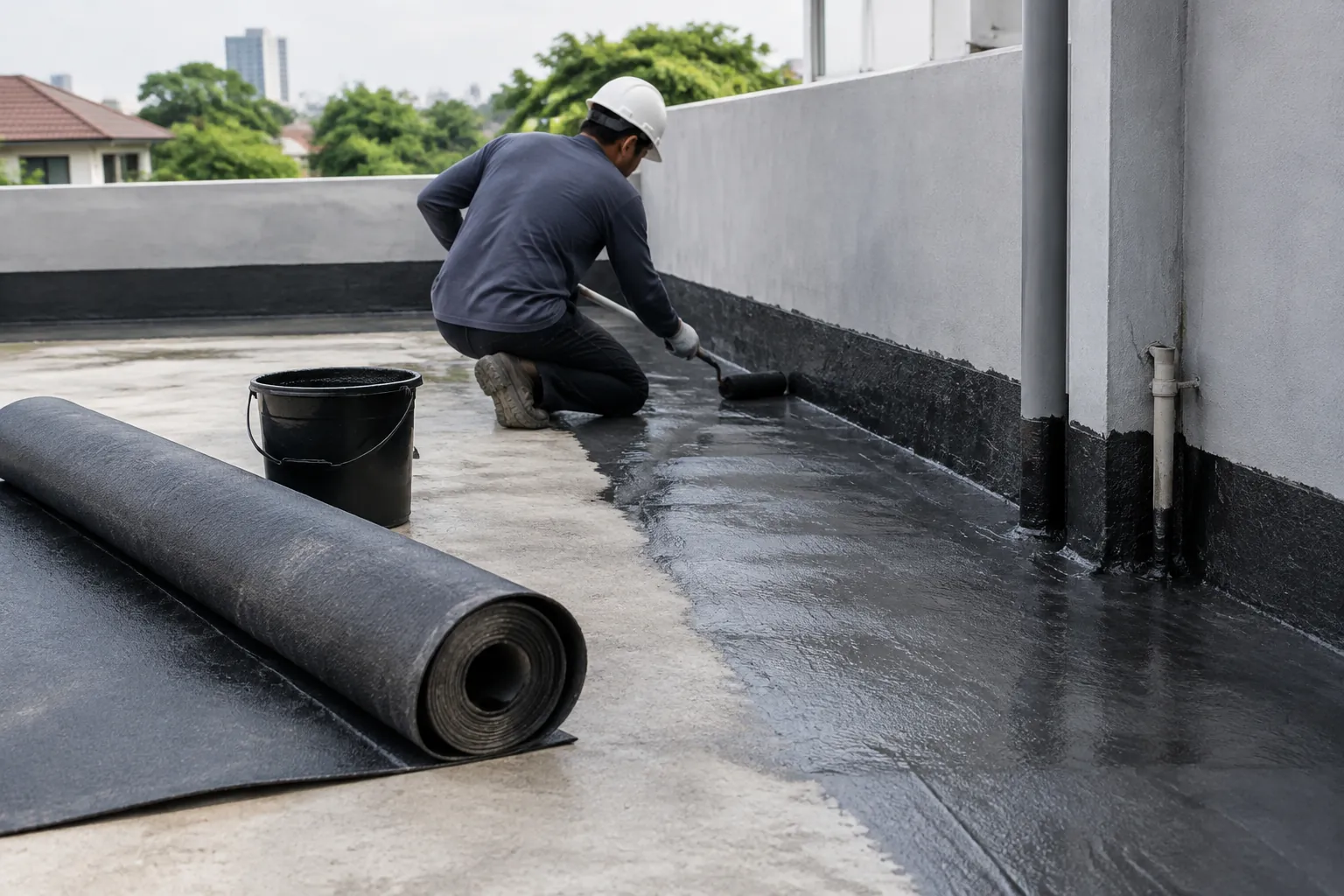 Pekerja memasang lapisan kedap air di tepi dinding lantai terbuka