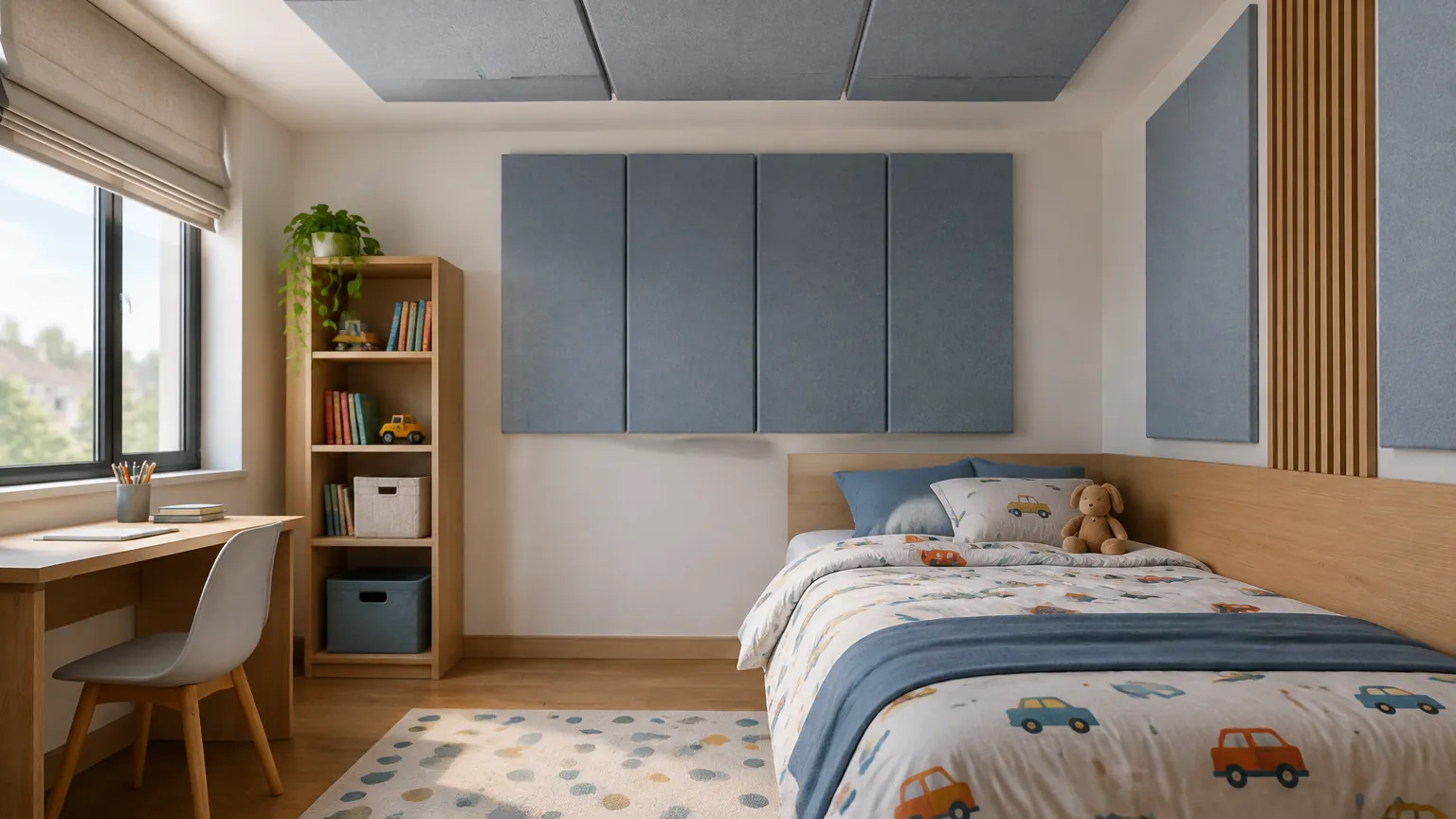 Kamar anak dengan panel kain di dinding belakang tempat tidur