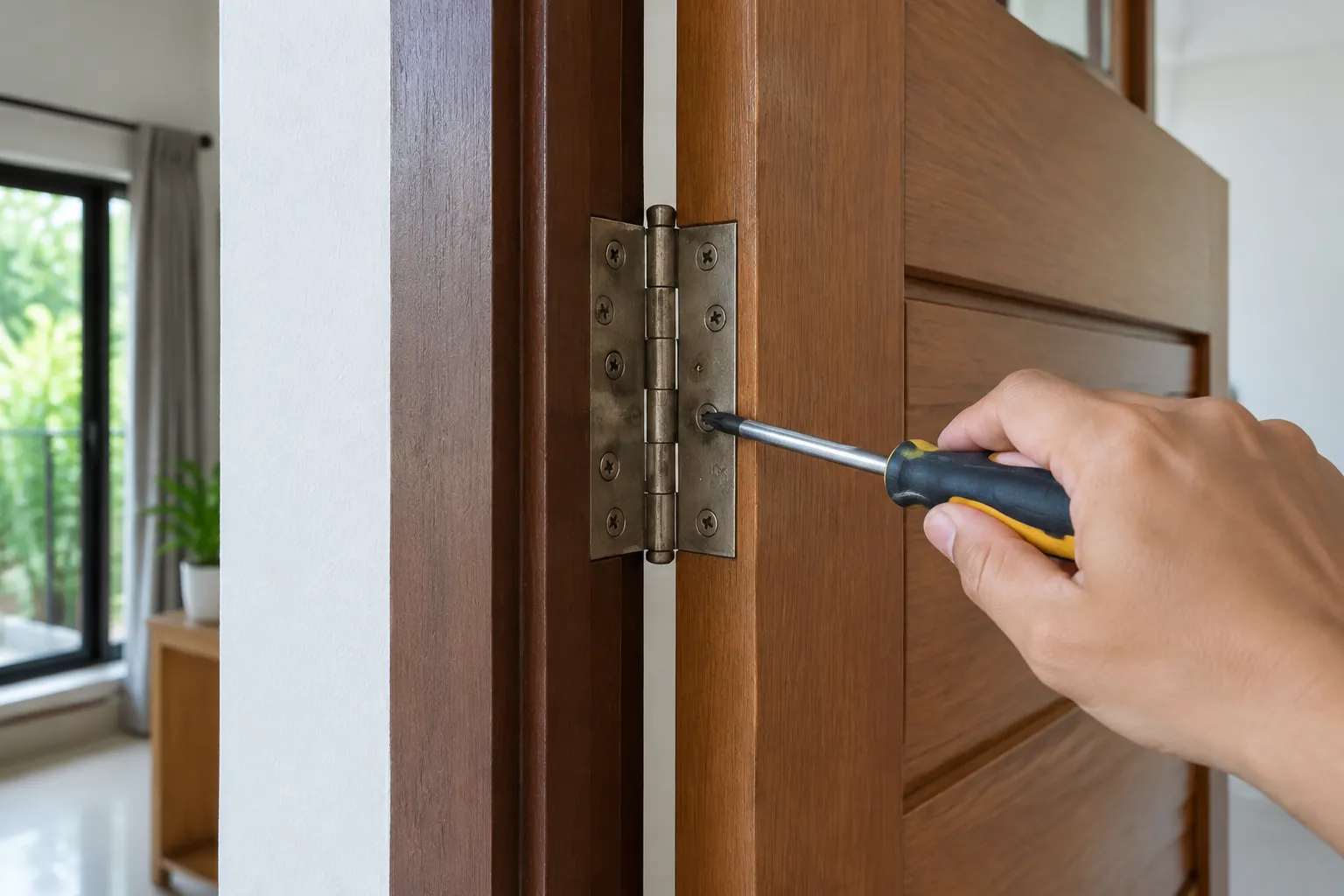 Seseorang menyetel engsel pintu kayu dengan obeng