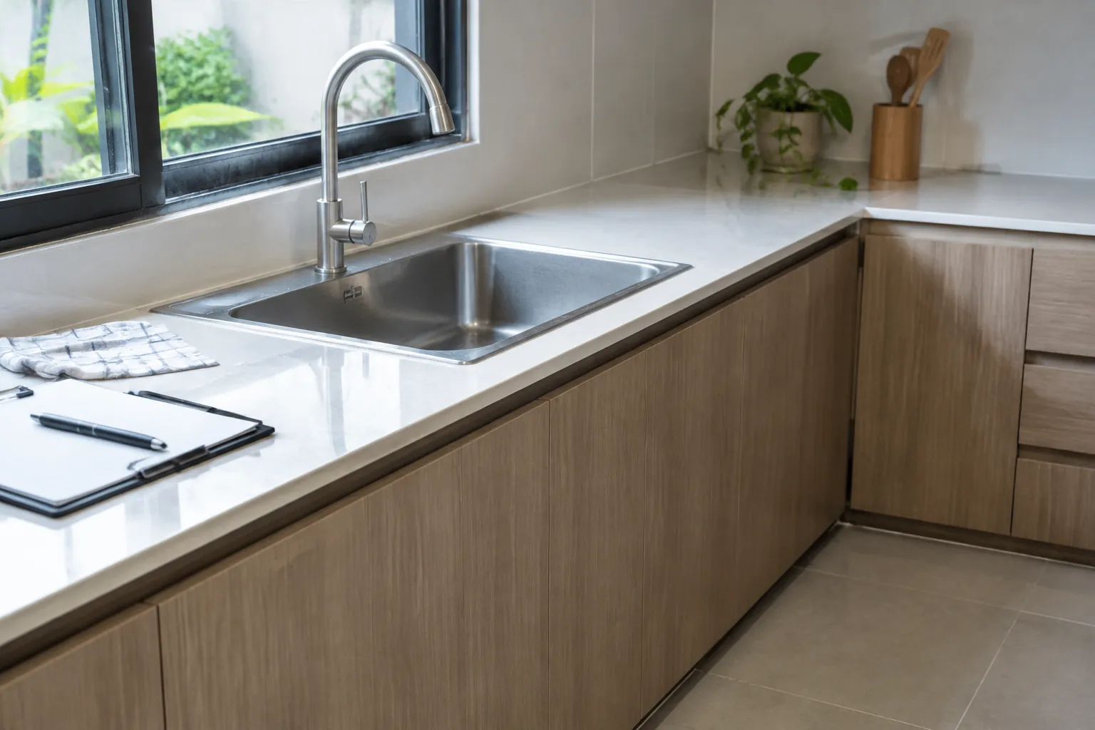 Bak cuci di sudut meja kitchen set