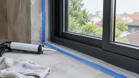 Tepi jendela aluminium dengan bahan sealant dan pita kerja