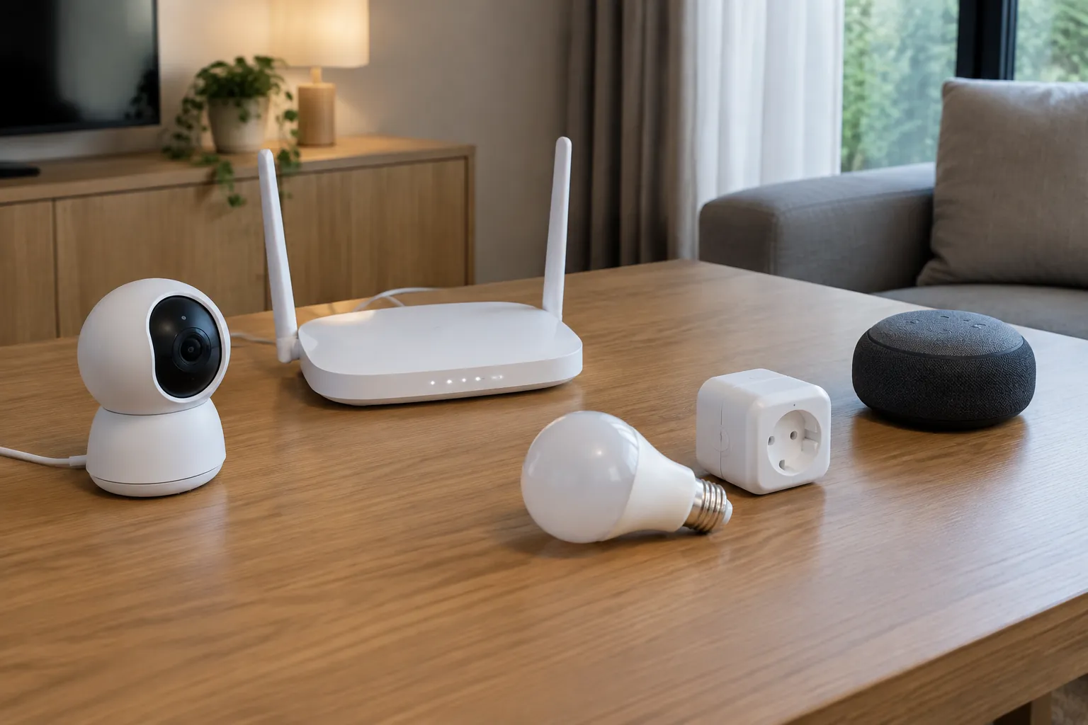 Perangkat jaringan dan aksesori smart home.