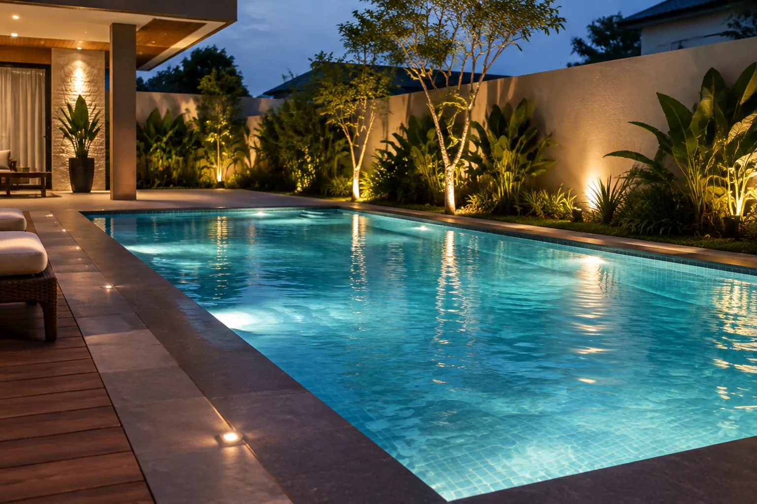 Kolam yang menyala pada malam hari.