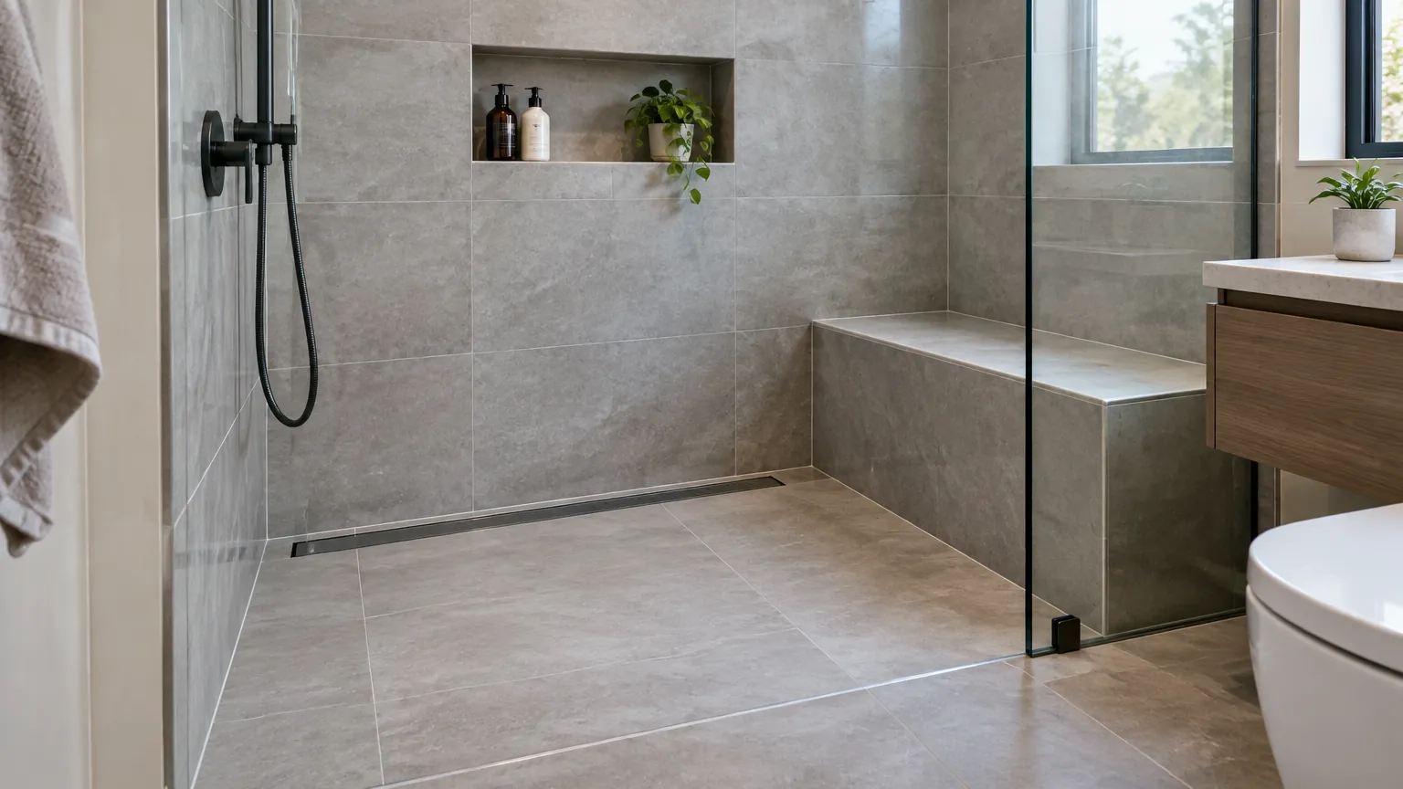 Area shower dengan lantai dan dinding keramik serta sekat kaca
