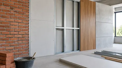 Rangka logam dan panel dinding dipasang di ruang rumah