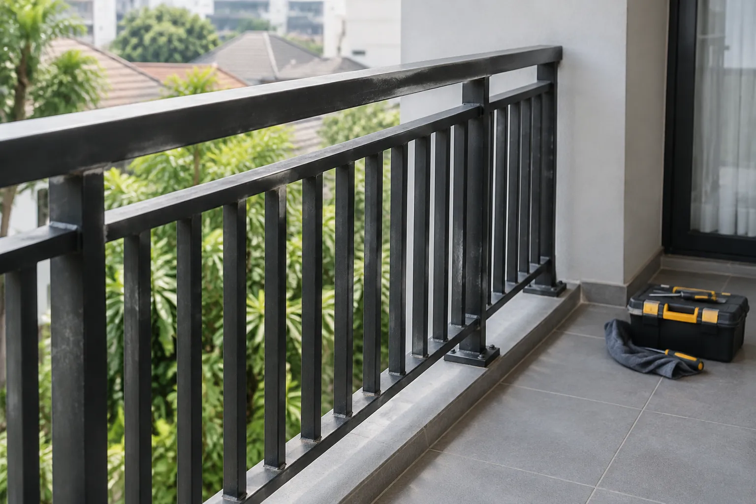 Railing balkon logam hitam dengan alat pemeriksaan di lantai