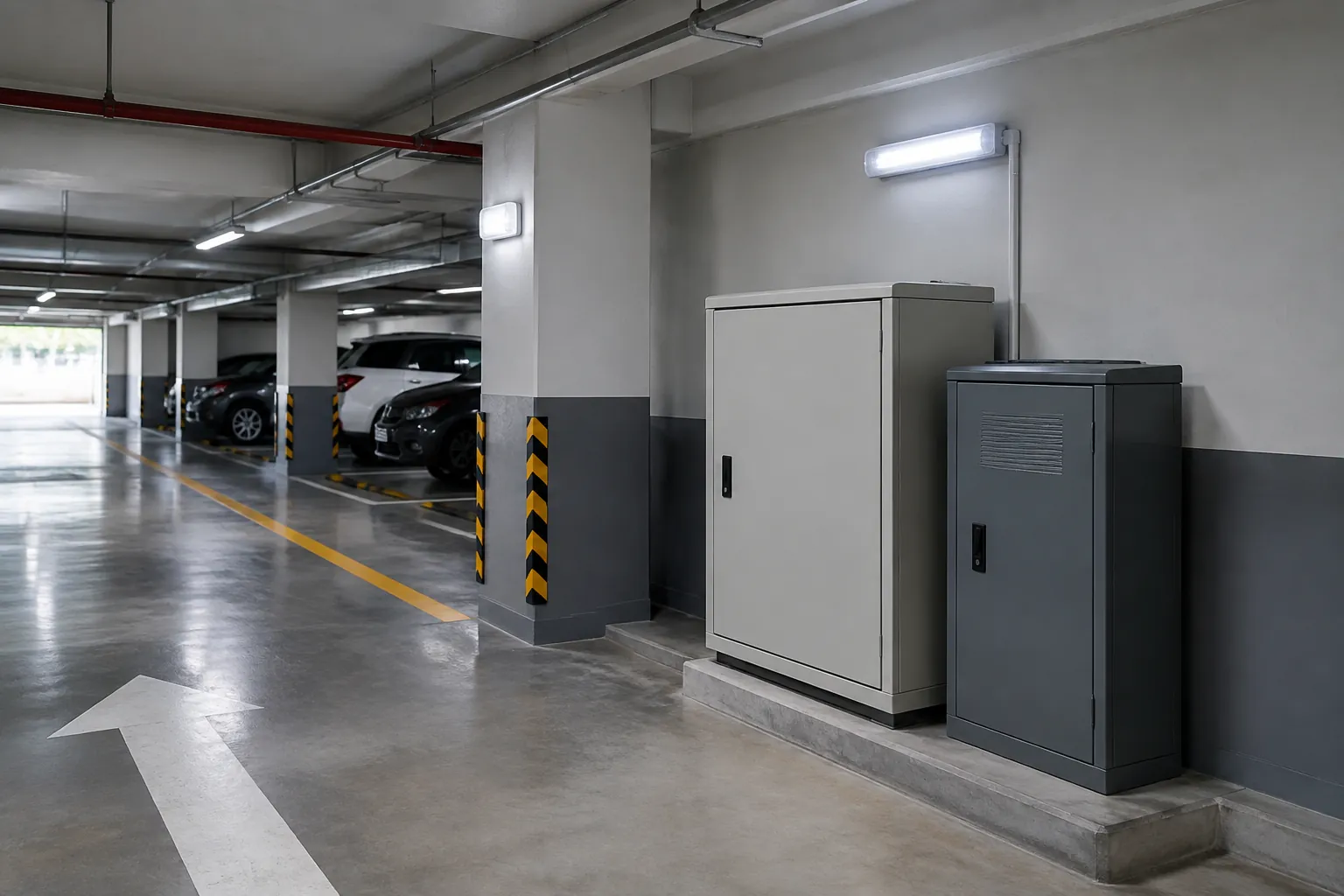 Kabinet listrik di garasi parkir tampak sebagai sistem daya cadangan tertentu.