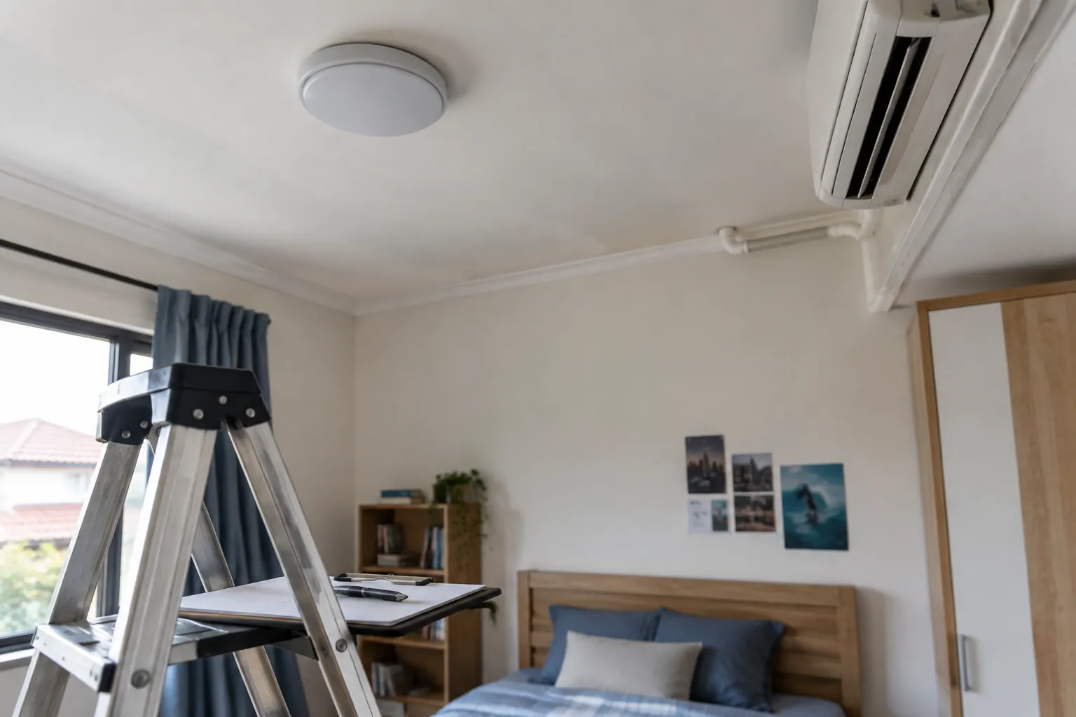 Tangga kerja di kamar remaja untuk memeriksa plafon
