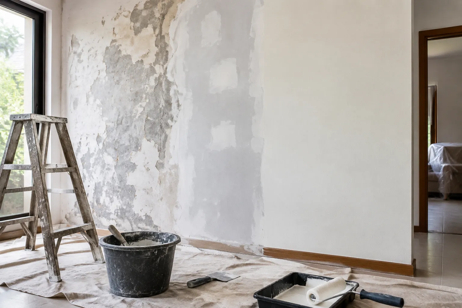 Dinding rumah terkupas dalam pekerjaan renovasi