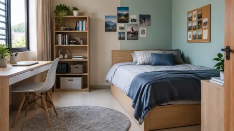 Kamar remaja dengan tempat tidur dan rak buku