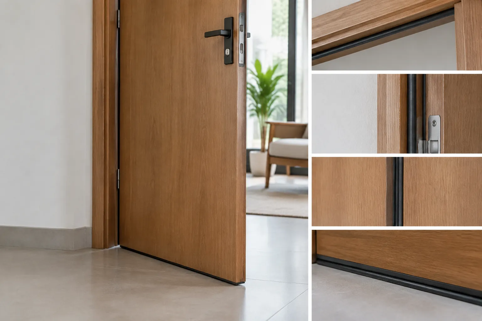 Pintu kayu di atas ambang dengan potongan detail sambungan pada gambar