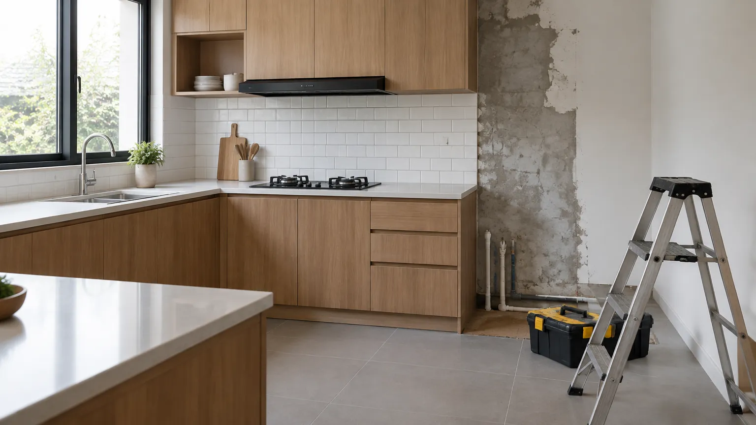 Dapur dalam tahap renovasi dengan dinding terbuka dan tangga kerja