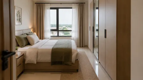 Tempat tidur dan lemari berhadapan dengan jalur lantai menuju jendela.