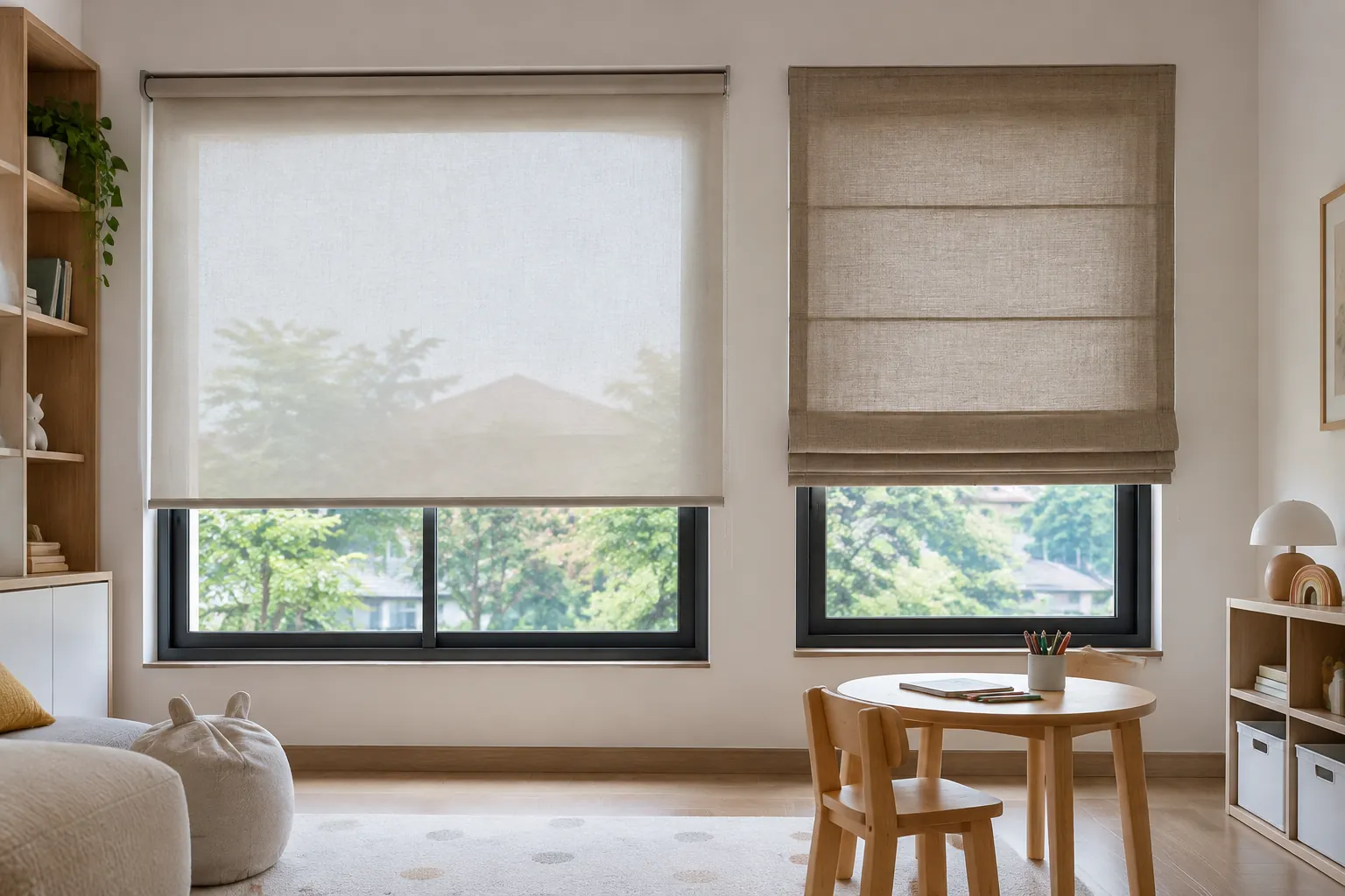 Roller blind dan roman blind dipasang pada dua jendela berbeda
