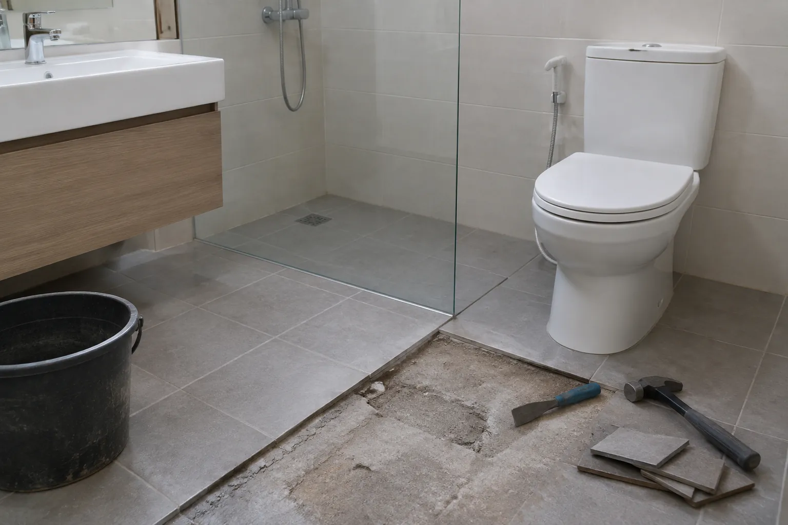 Lantai kamar mandi yang dibongkar menampakkan sambungan serta saluran.