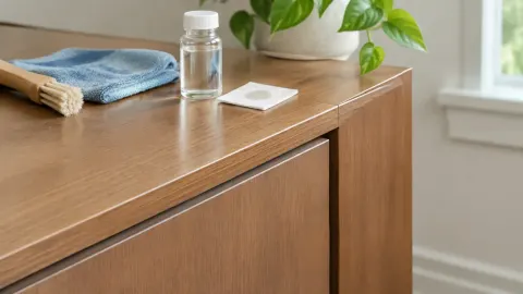 Lap dan botol pembersih pada meja kayu bertrim