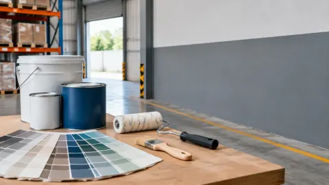 Contoh warna cat dan alat pengecatan di depan dinding gudang