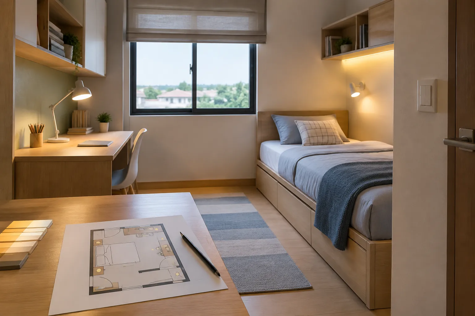 Kamar anak dengan lampu di sisi tempat tidur dan meja belajar