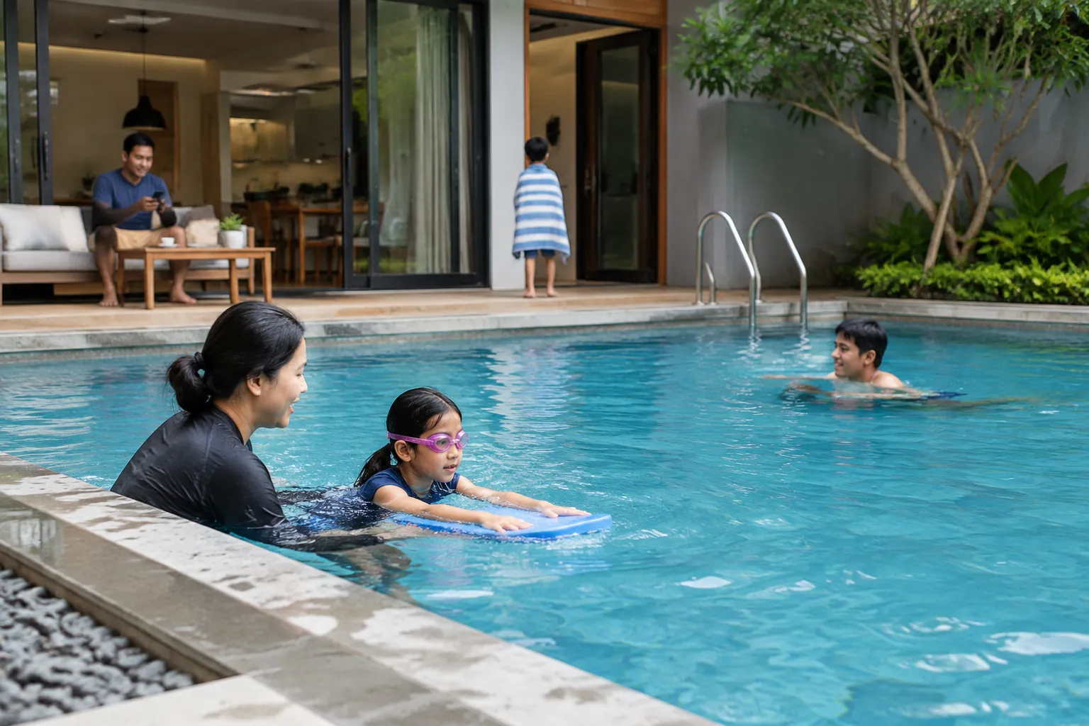 Seorang dewasa mendampingi anak yang memakai alat bantu apung di kolam