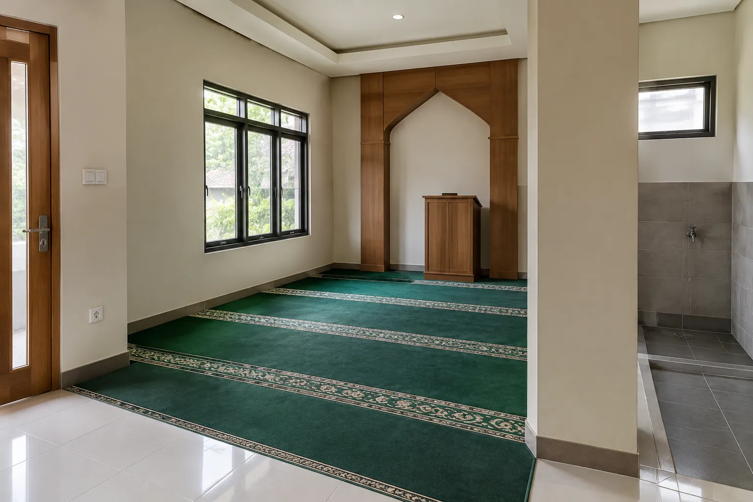 Musala dengan karpet salat di samping area wudu