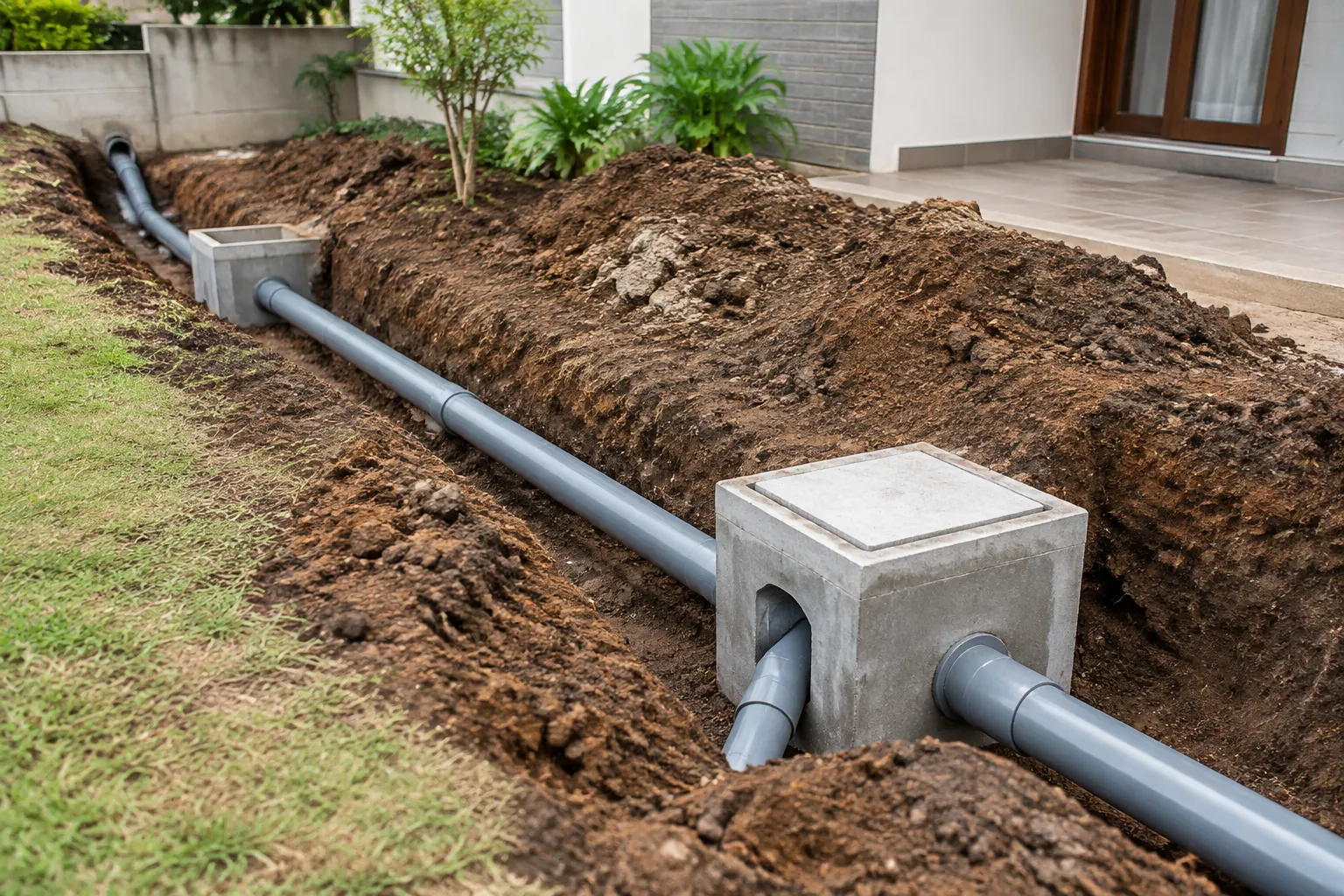 Pipa drainase dan bak kontrol diletakkan pada galian sebelum tanah ditutup