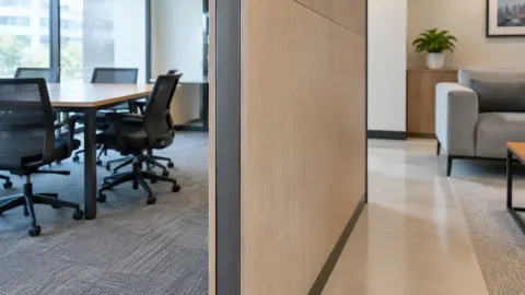 Partisi panel kayu membagi area meja kantor