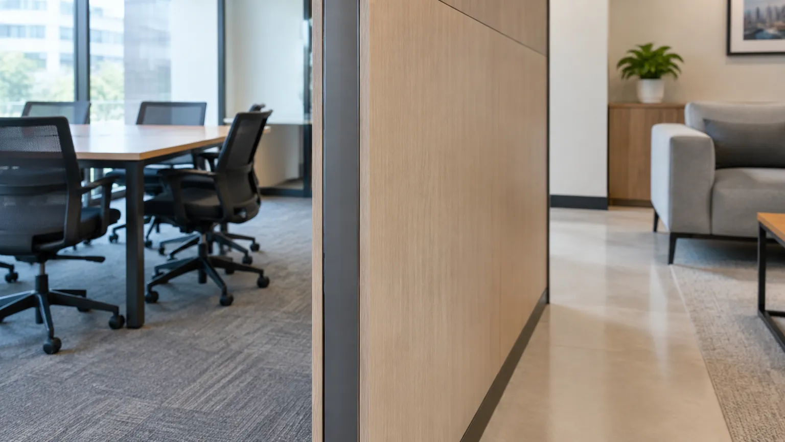Partisi panel kayu membagi area meja kantor