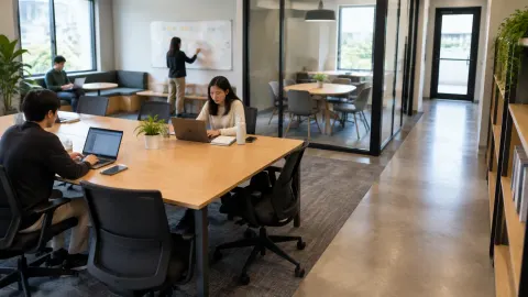 Meja kerja bersama dan ruang rapat berkaca di sebuah kantor